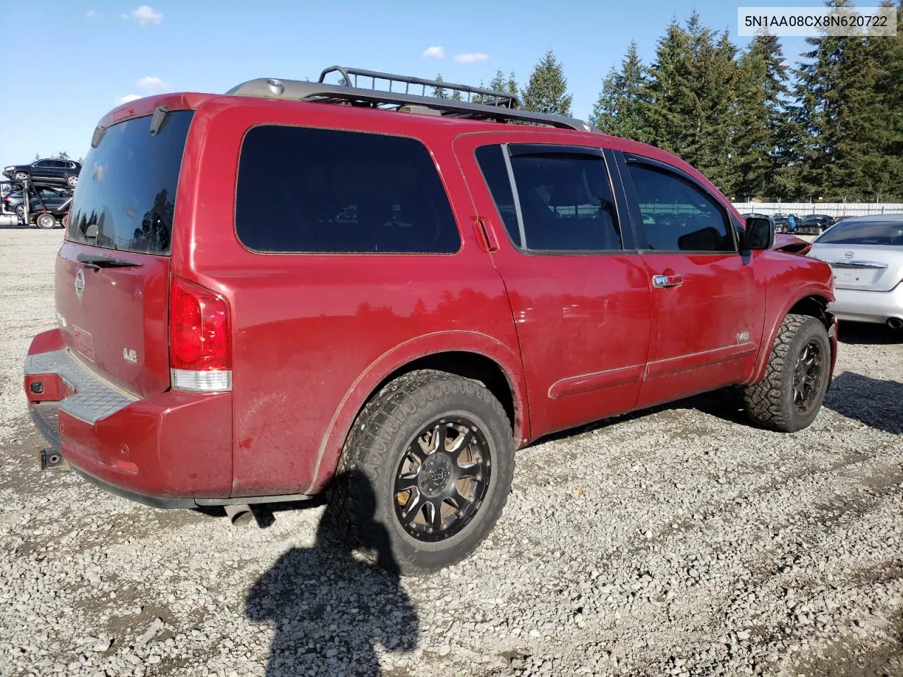 2008 Nissan Armada Se VIN: 5N1AA08CX8N620722 Lot: 77391394