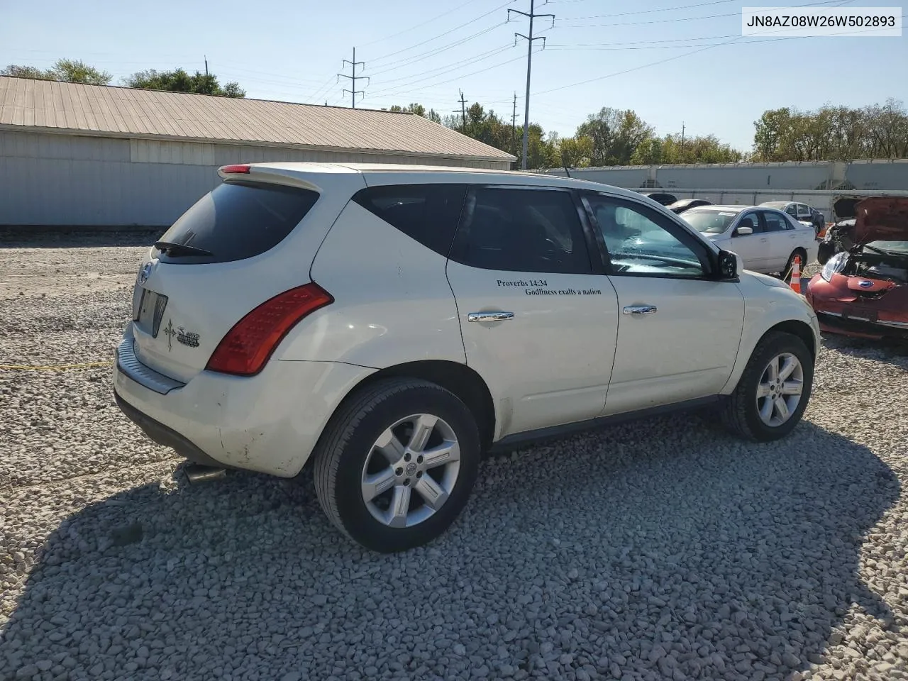 2006 Nissan Murano Sl VIN: JN8AZ08W26W502893 Lot: 75339314