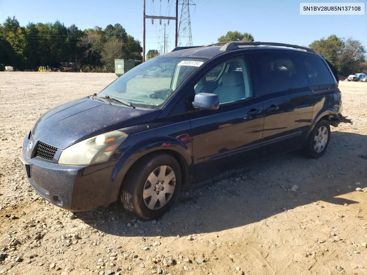 2005 Nissan Quest S VIN: 5N1BV28U85N137108 Lot: 76351734