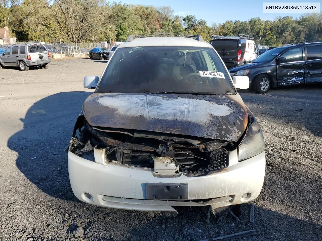 2006 Nissan Quest S VIN: 5N1BV28U86N118513 Lot: 76749234