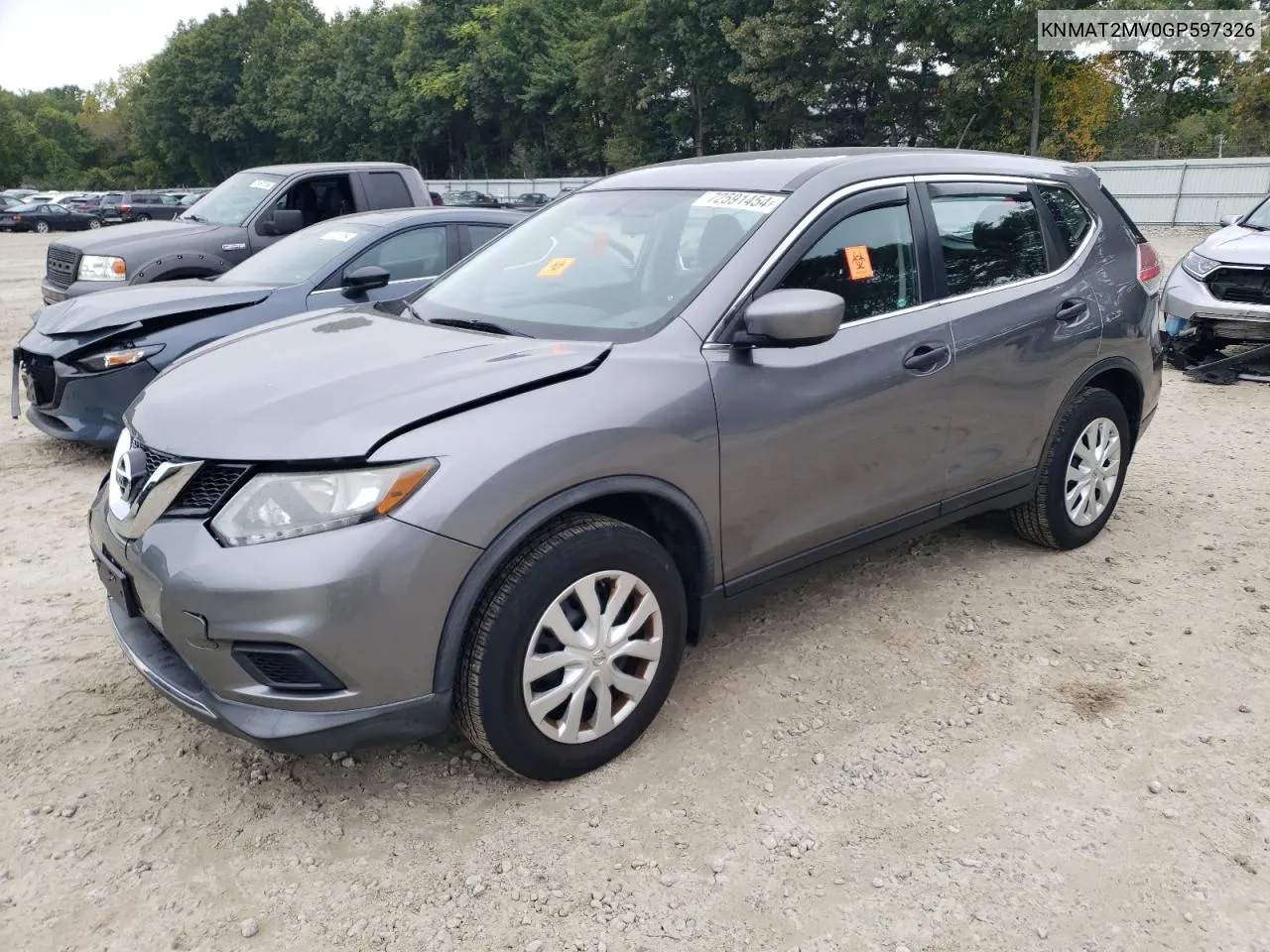 2016 Nissan Rogue S VIN: KNMAT2MV0GP597326 Lot: 72591454