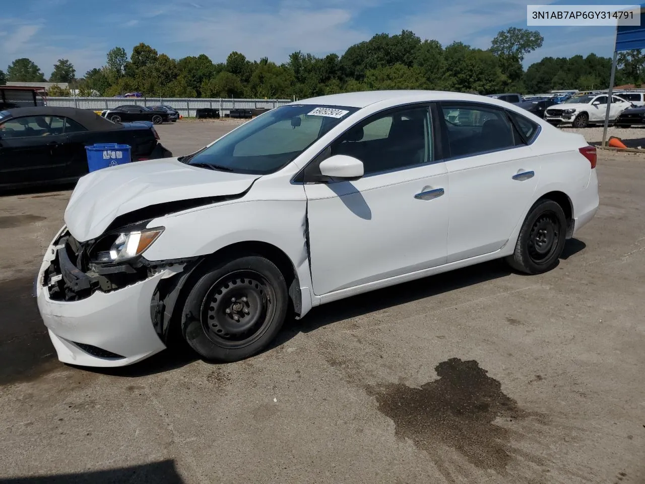 2016 Nissan Sentra S VIN: 3N1AB7AP6GY314791 Lot: 69092924