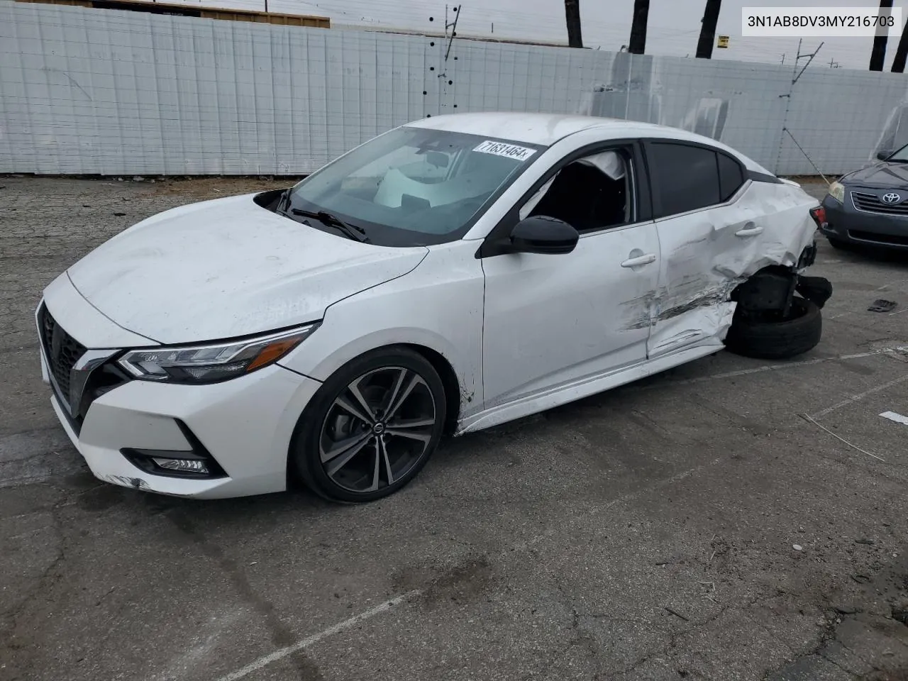 2021 Nissan Sentra Sr VIN: 3N1AB8DV3MY216703 Lot: 71631464