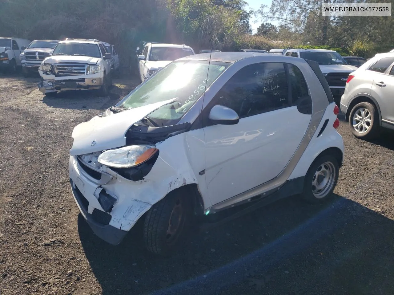 2012 Smart Fortwo Pure VIN: WMEEJ3BA1CK577558 Lot: 39598584