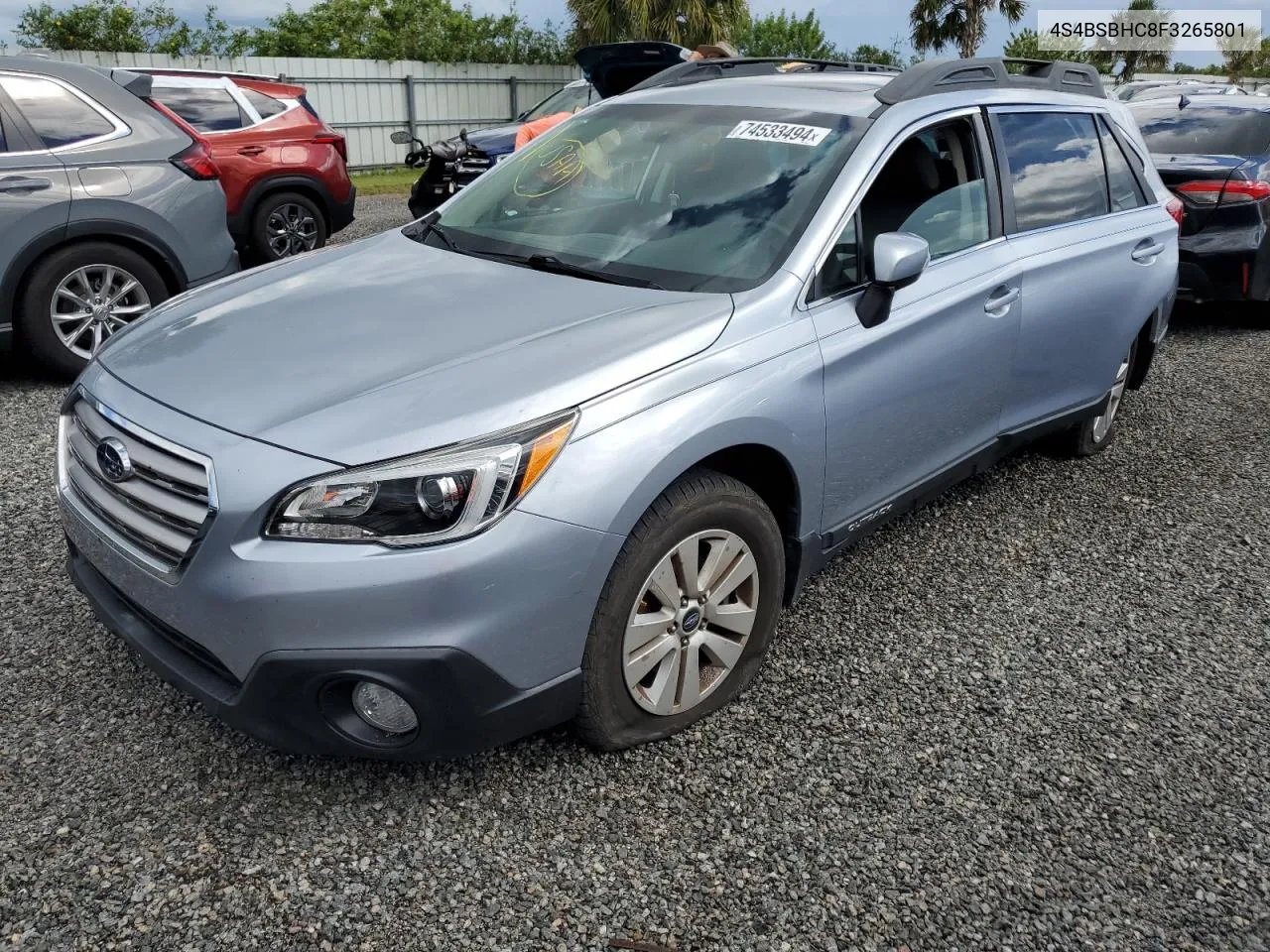 2015 Subaru Outback 2.5I Premium VIN: 4S4BSBHC8F3265801 Lot: 74533494