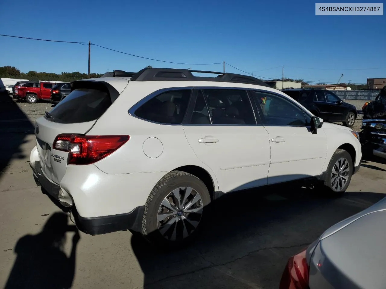 2017 Subaru Outback 2.5I Limited VIN: 4S4BSANCXH3274887 Lot: 75427074