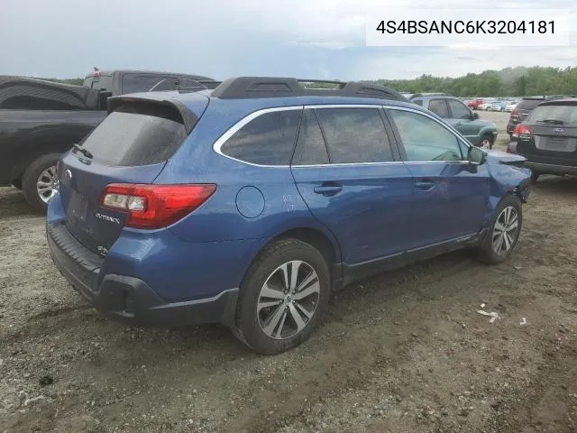 2019 Subaru Outback 2.5I Limited VIN: 4S4BSANC6K3204181 Lot: 59208884