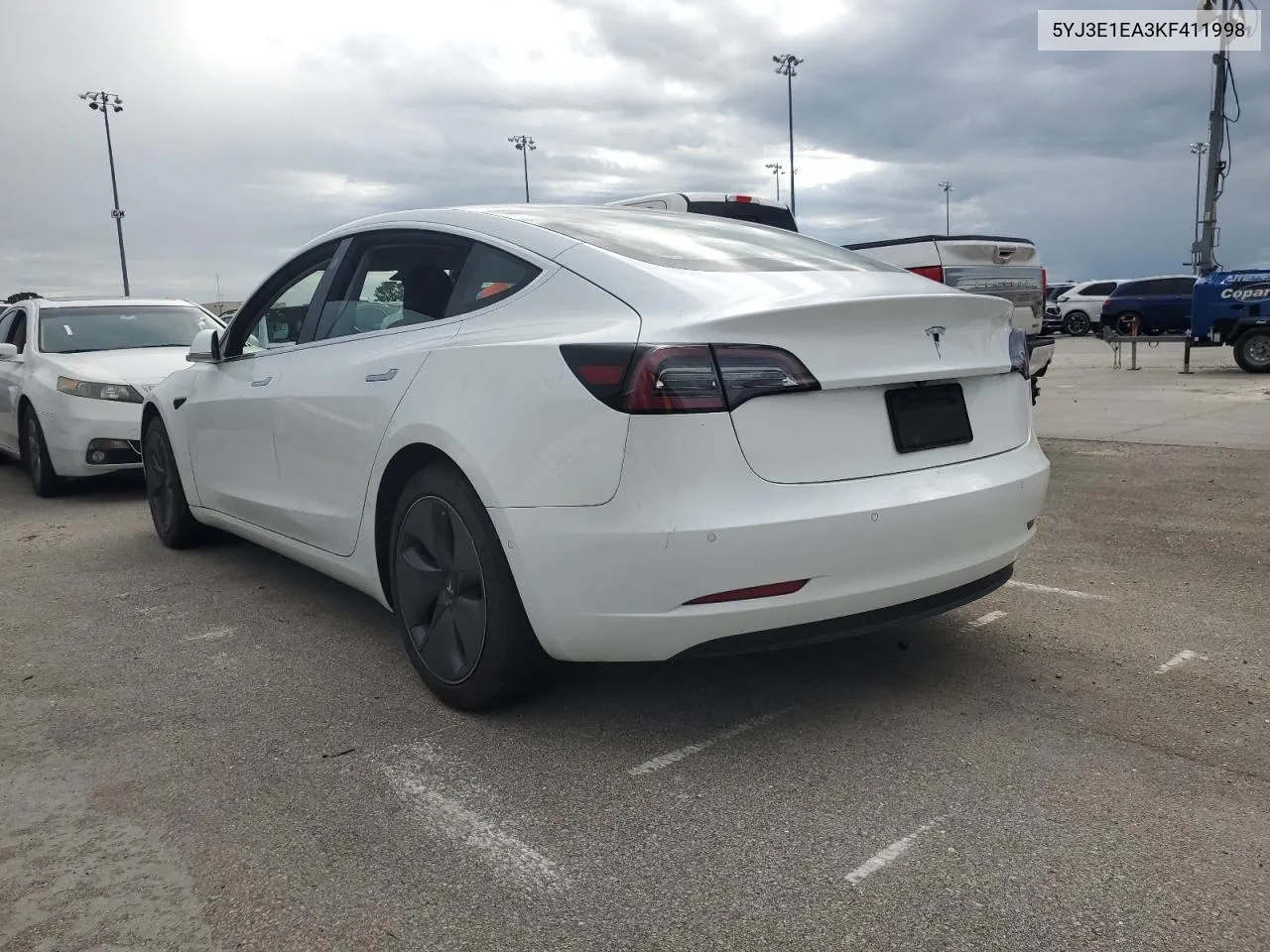 2019 Tesla Model 3 VIN: 5YJ3E1EA3KF411998 Lot: 74586594