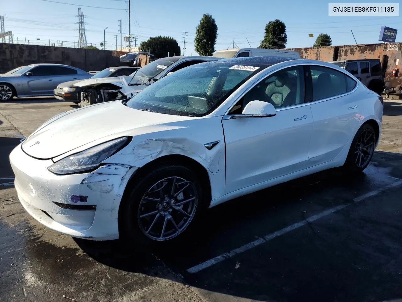 2019 Tesla Model 3 VIN: 5YJ3E1EB8KF511135 Lot: 78430154