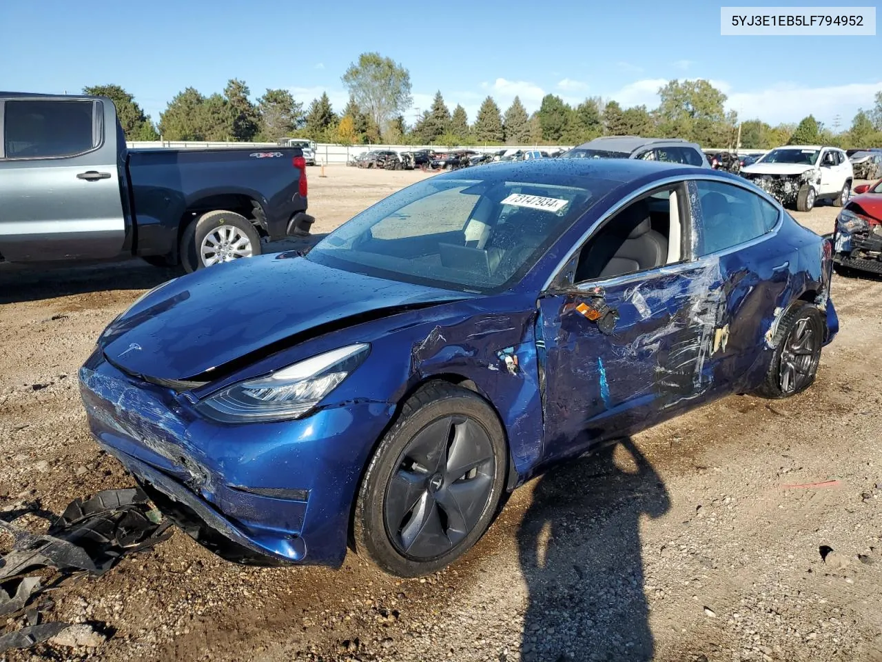 2020 Tesla Model 3 VIN: 5YJ3E1EB5LF794952 Lot: 73147934