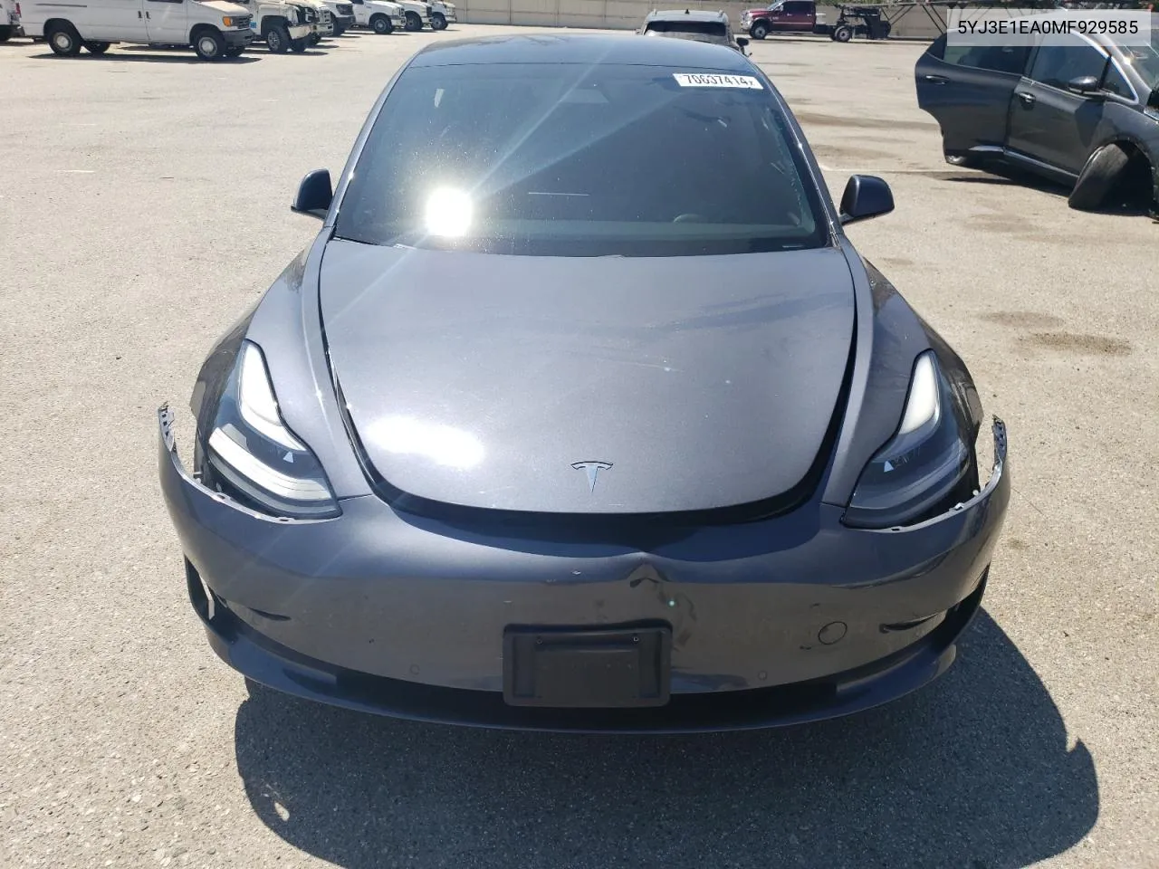 2021 Tesla Model 3 VIN: 5YJ3E1EA0MF929585 Lot: 70637414