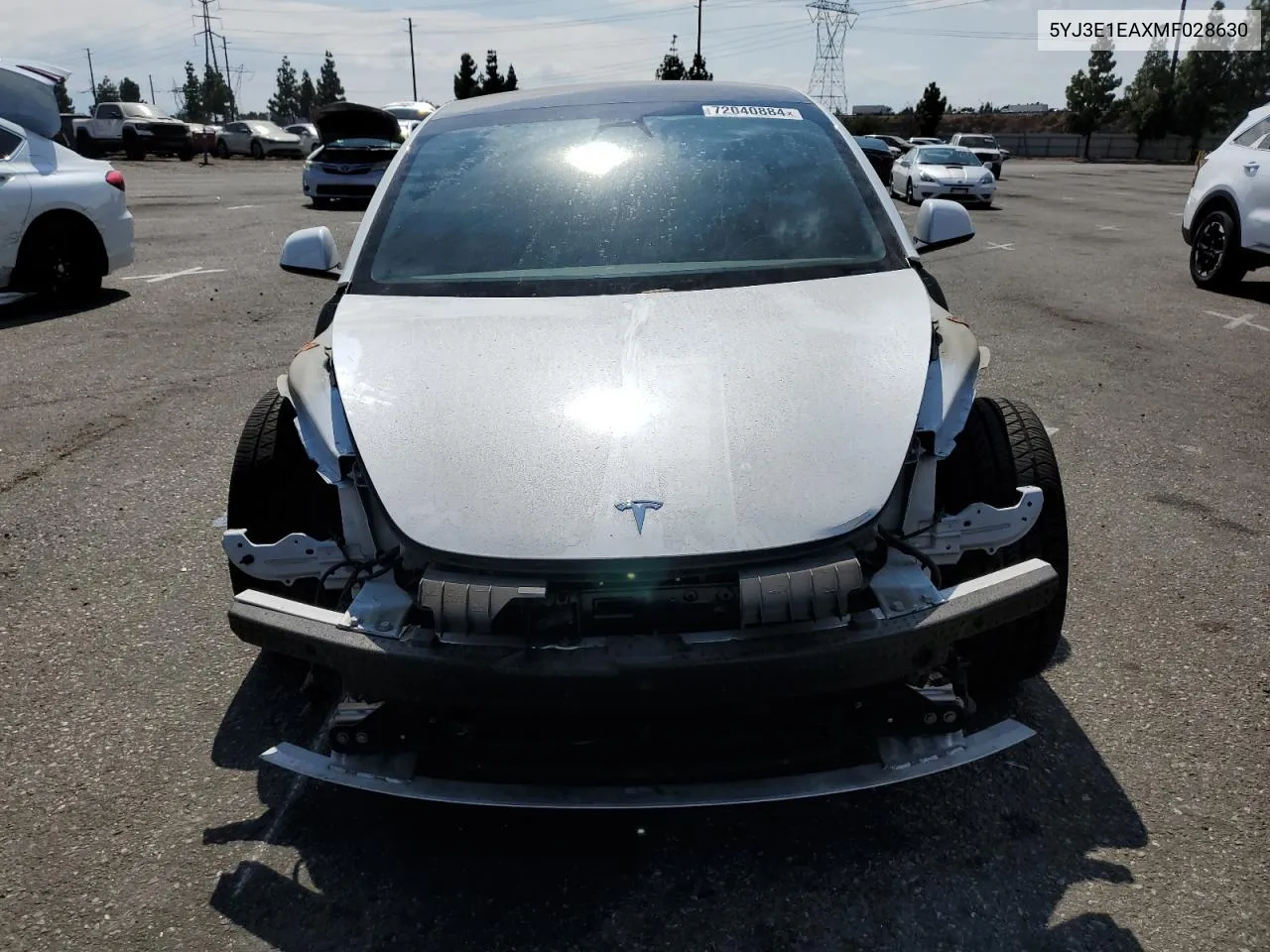 2021 Tesla Model 3 VIN: 5YJ3E1EAXMF028630 Lot: 72040884