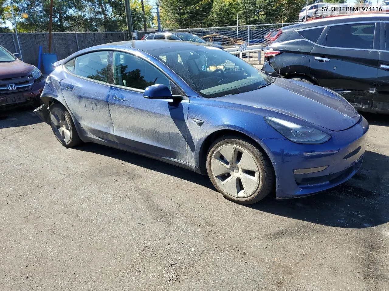 2021 Tesla Model 3 VIN: 5YJ3E1EB8MF974136 Lot: 72274974