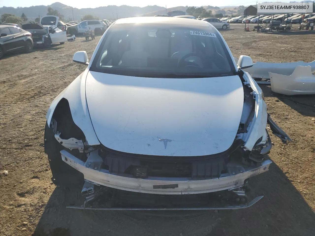 2021 Tesla Model 3 VIN: 5YJ3E1EA4MF938807 Lot: 74613904