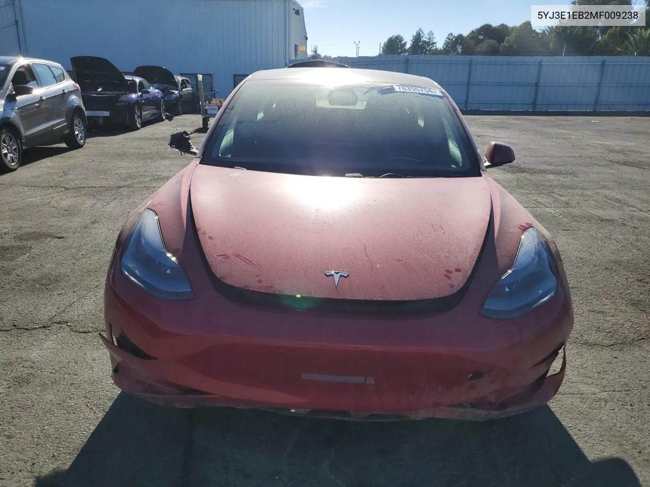 2021 Tesla Model 3 VIN: 5YJ3E1EB2MF009238 Lot: 76355754