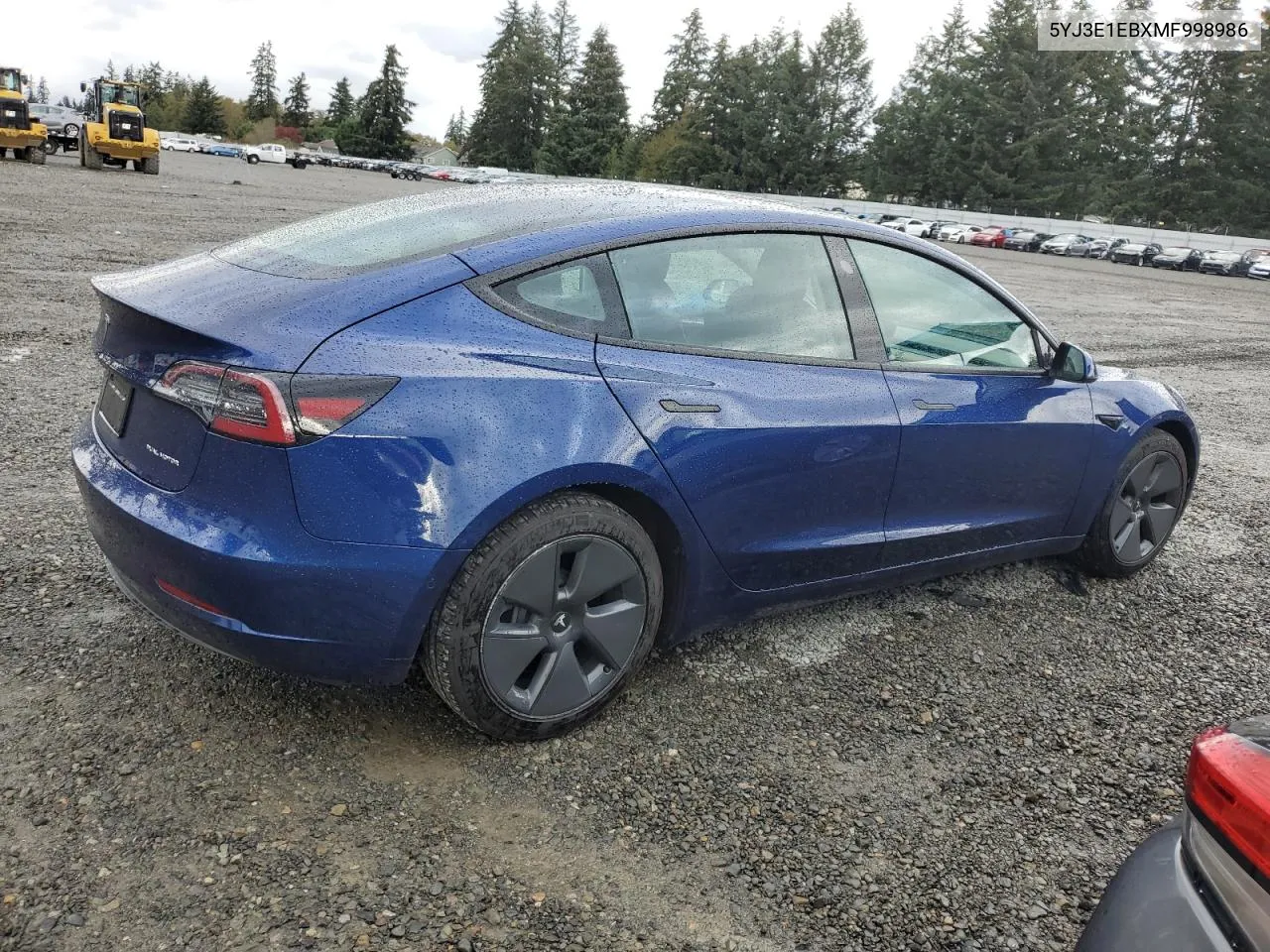 2021 Tesla Model 3 VIN: 5YJ3E1EBXMF998986 Lot: 76631744