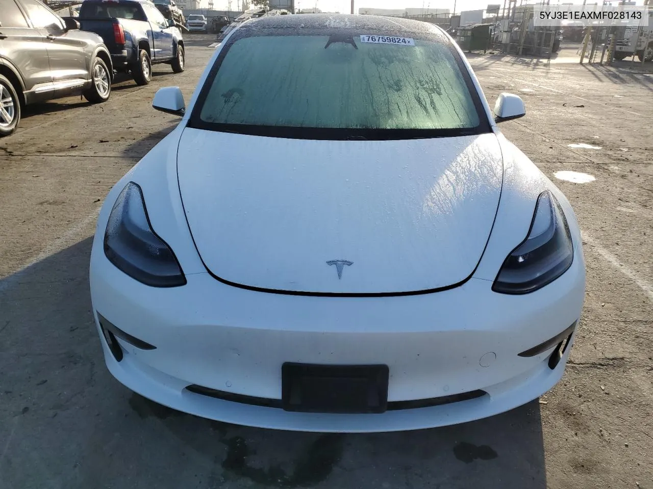 2021 Tesla Model 3 VIN: 5YJ3E1EAXMF028143 Lot: 76759824