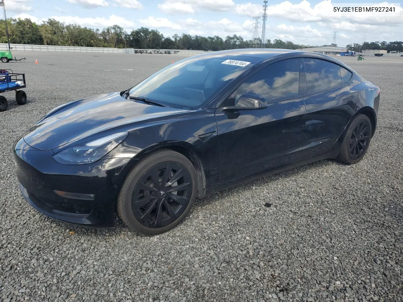 2021 Tesla Model 3 VIN: 5YJ3E1EB1MF927241 Lot: 76874744