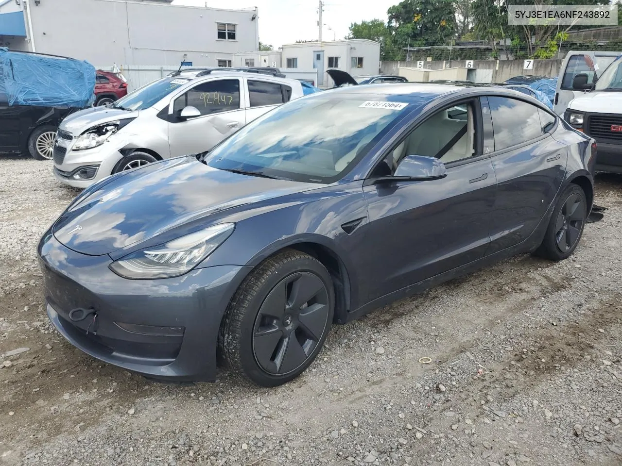 5YJ3E1EA6NF243892 2022 Tesla Model 3