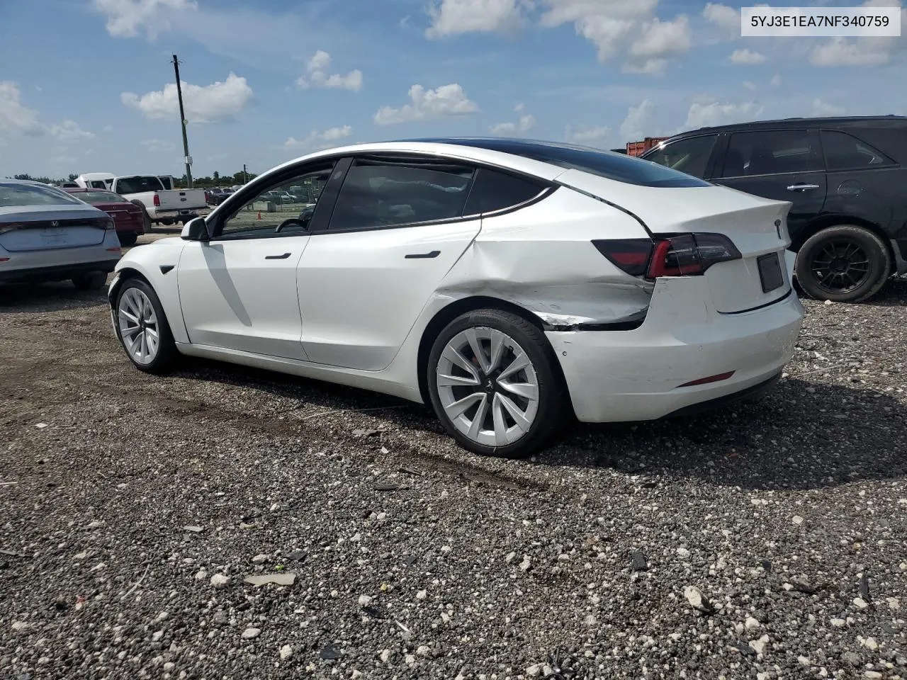 5YJ3E1EA7NF340759 2022 Tesla Model 3