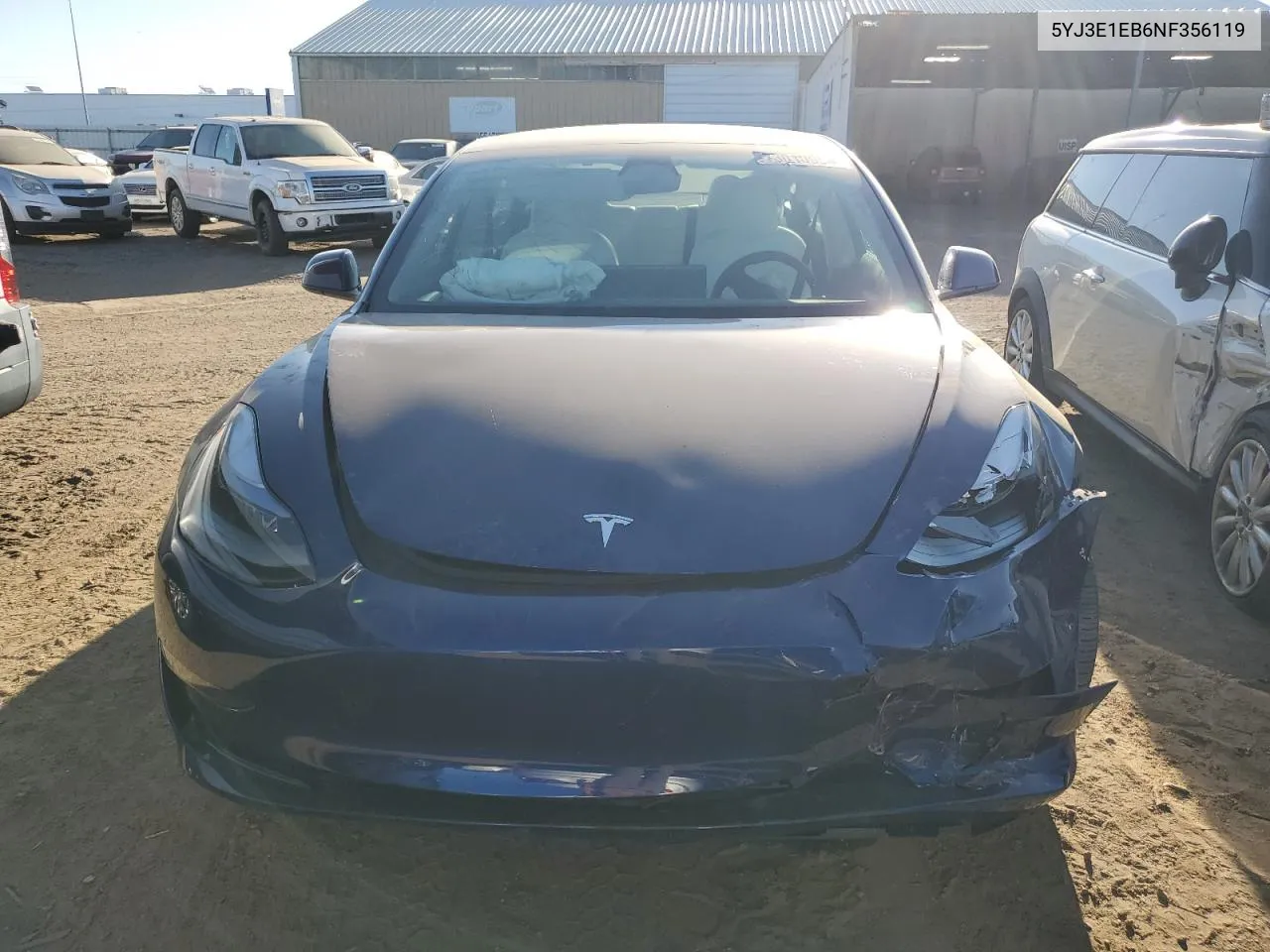 2022 Tesla Model 3 VIN: 5YJ3E1EB6NF356119 Lot: 73010954