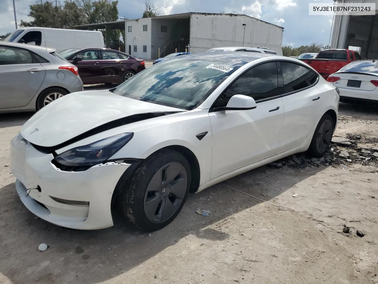 2022 Tesla Model 3 VIN: 5YJ3E1EB7NF231243 Lot: 74480564