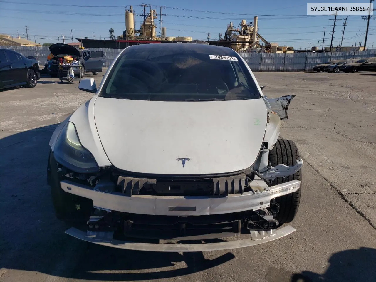 2022 Tesla Model 3 VIN: 5YJ3E1EAXNF358687 Lot: 74934954