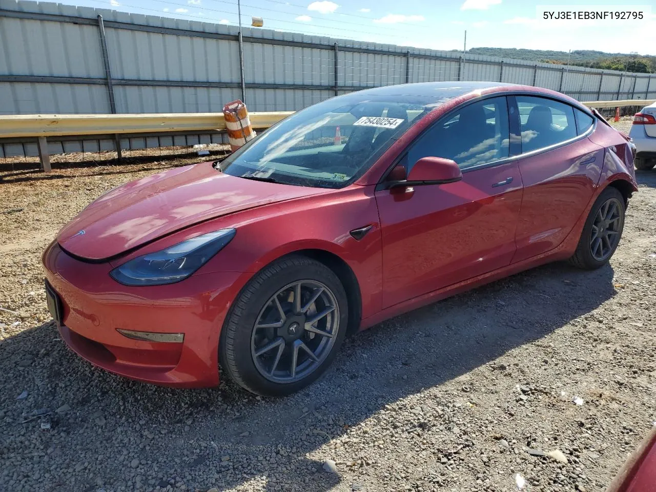 2022 Tesla Model 3 VIN: 5YJ3E1EB3NF192795 Lot: 75430254