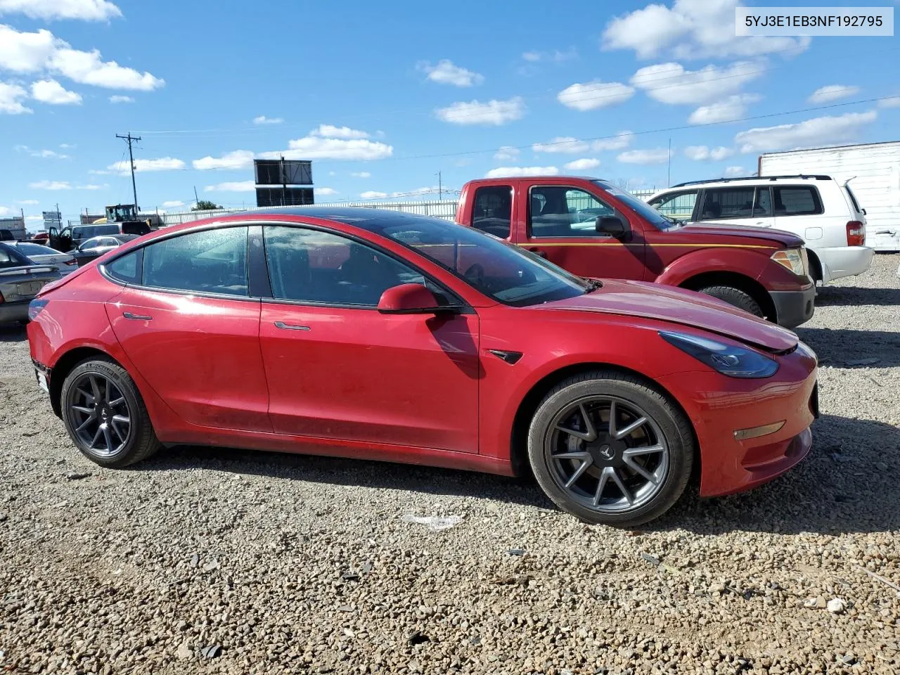 2022 Tesla Model 3 VIN: 5YJ3E1EB3NF192795 Lot: 75430254