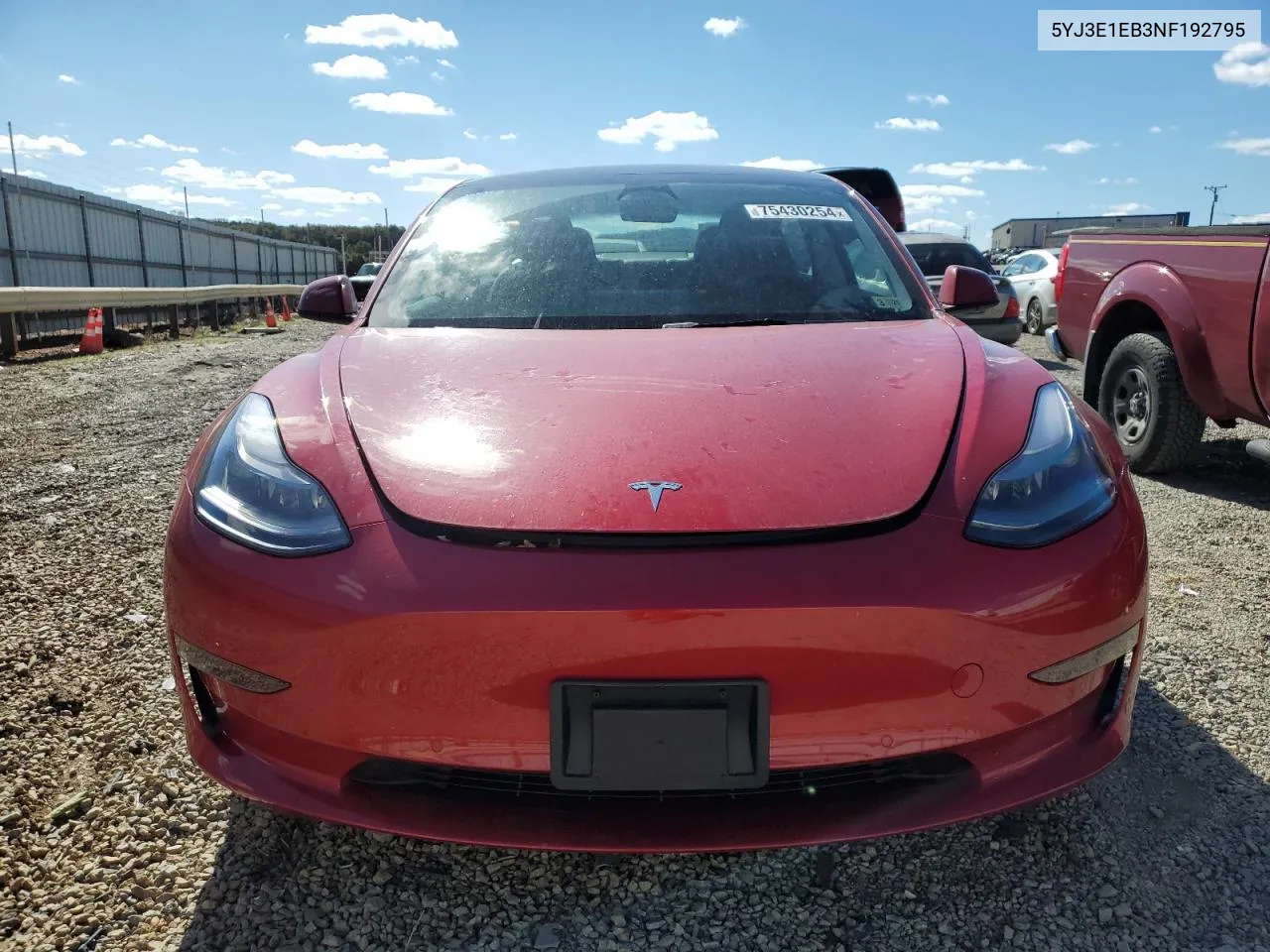 2022 Tesla Model 3 VIN: 5YJ3E1EB3NF192795 Lot: 75430254