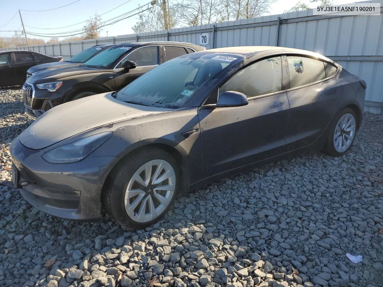 2022 Tesla Model 3 VIN: 5YJ3E1EA5NF190201 Lot: 75699574