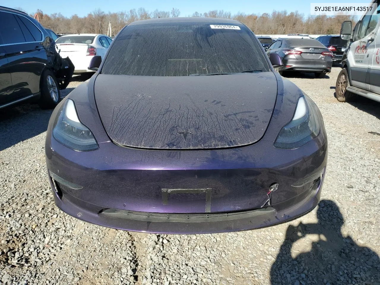 2022 Tesla Model 3 VIN: 5YJ3E1EA6NF143517 Lot: 79936964