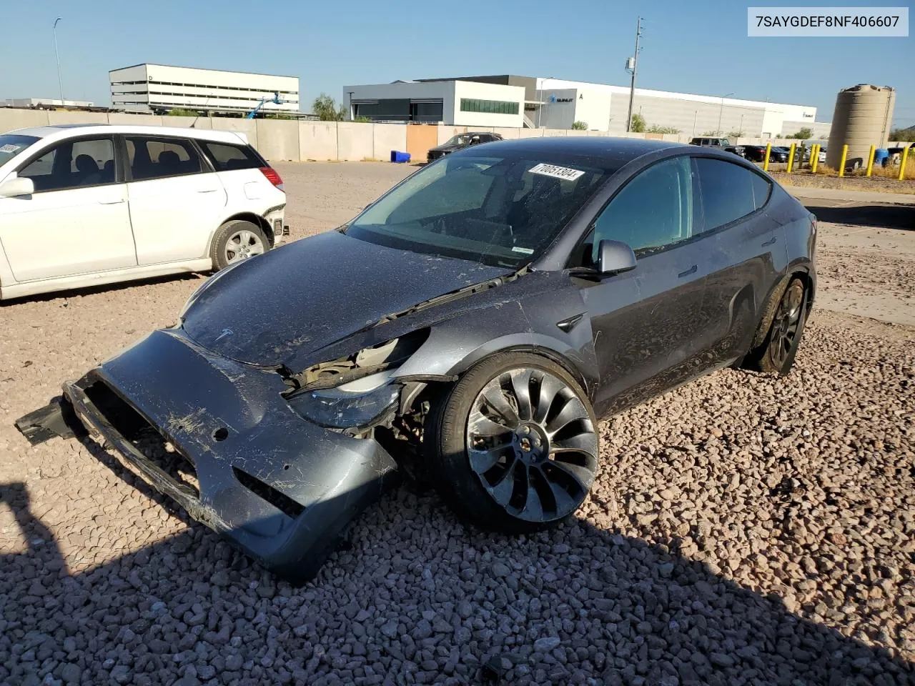 2022 Tesla Model Y VIN: 7SAYGDEF8NF406607 Lot: 70051304