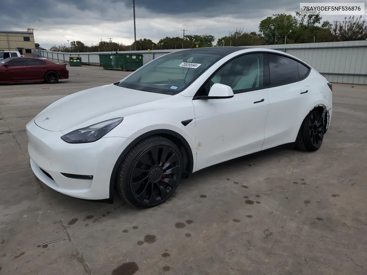 2022 Tesla Model Y VIN: 7SAYGDEF5NF536876 Lot: 70839594