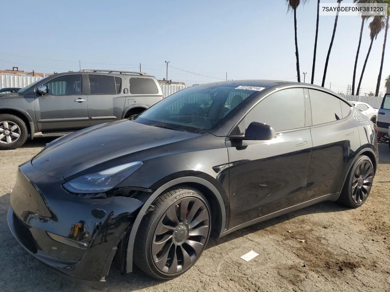 2022 Tesla Model Y VIN: 7SAYGDEF0NF381220 Lot: 72725214