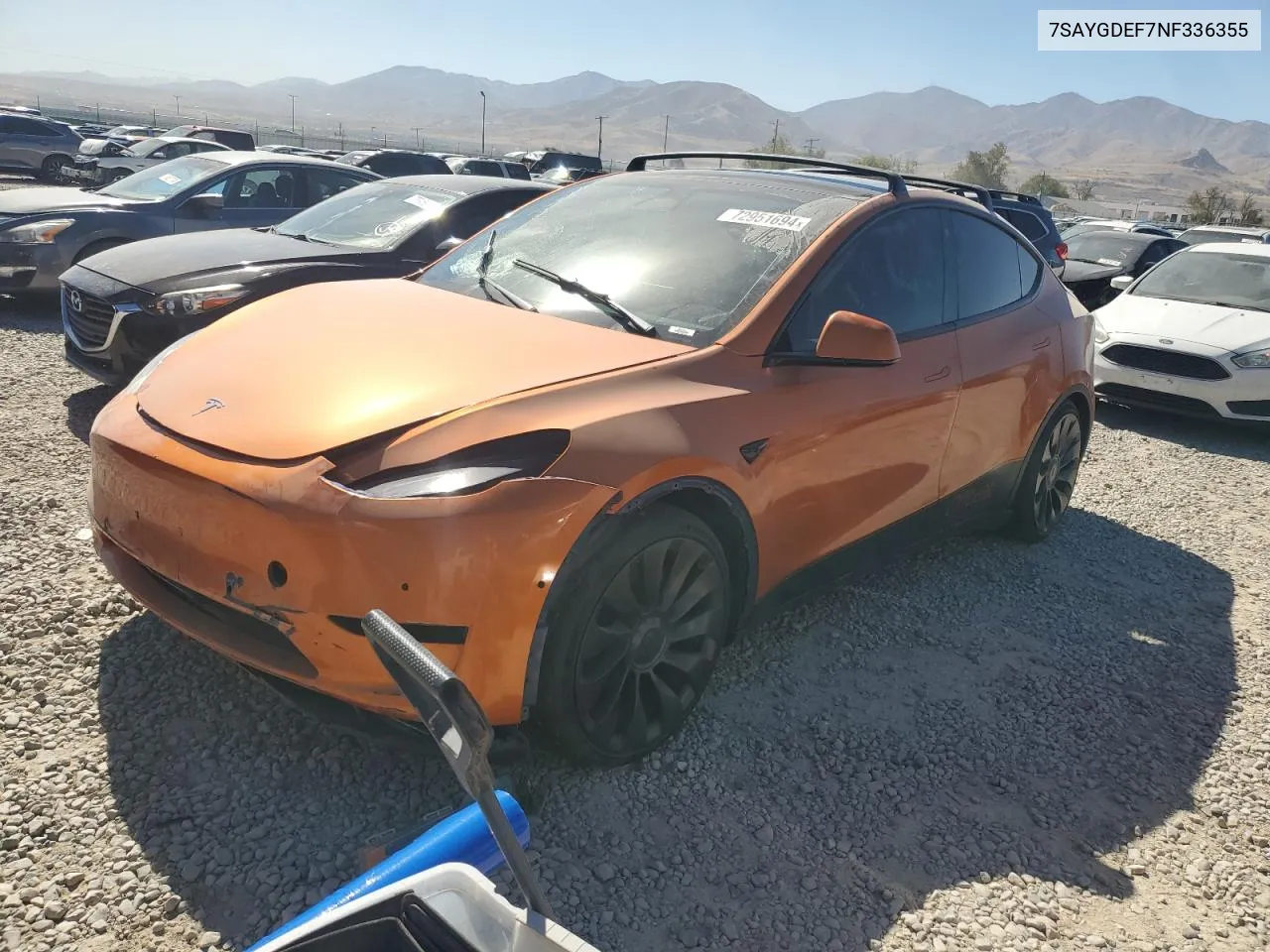 2022 Tesla Model Y VIN: 7SAYGDEF7NF336355 Lot: 72951694