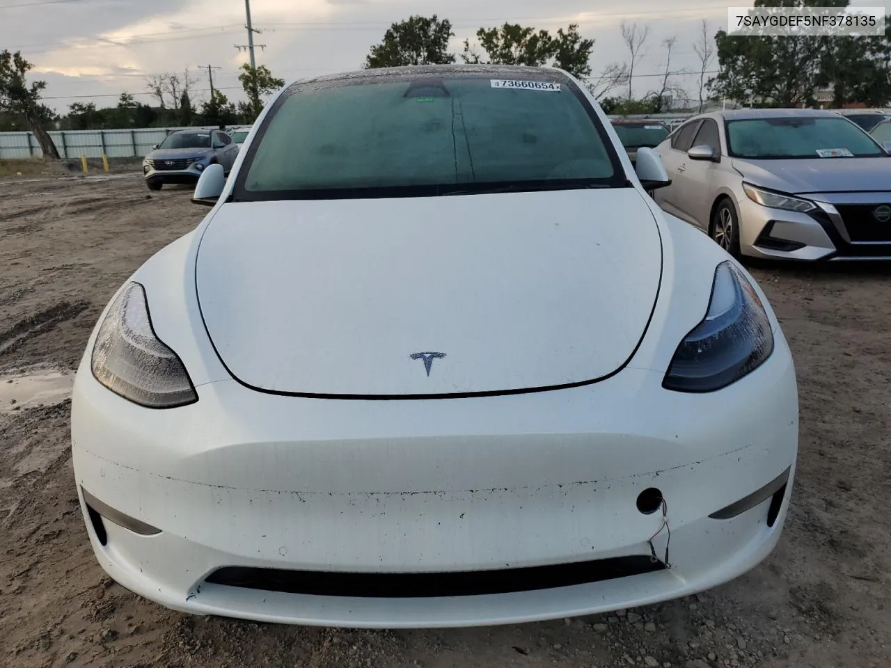 2022 Tesla Model Y VIN: 7SAYGDEF5NF378135 Lot: 73660654