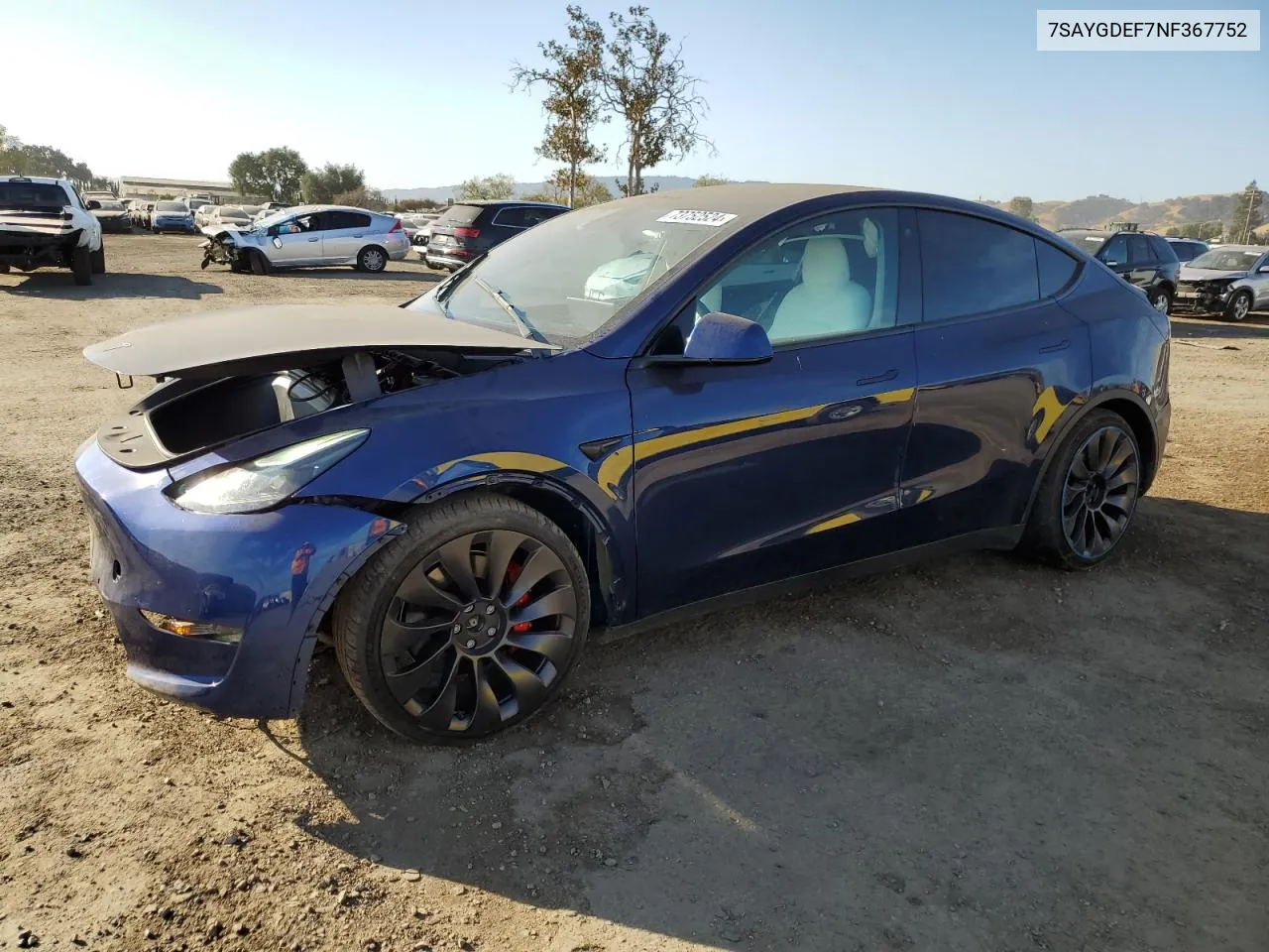 2022 Tesla Model Y VIN: 7SAYGDEF7NF367752 Lot: 73752524