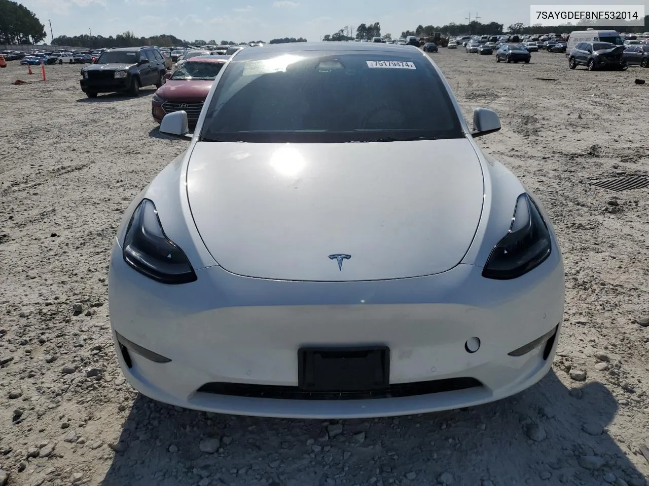 2022 Tesla Model Y VIN: 7SAYGDEF8NF532014 Lot: 75179474