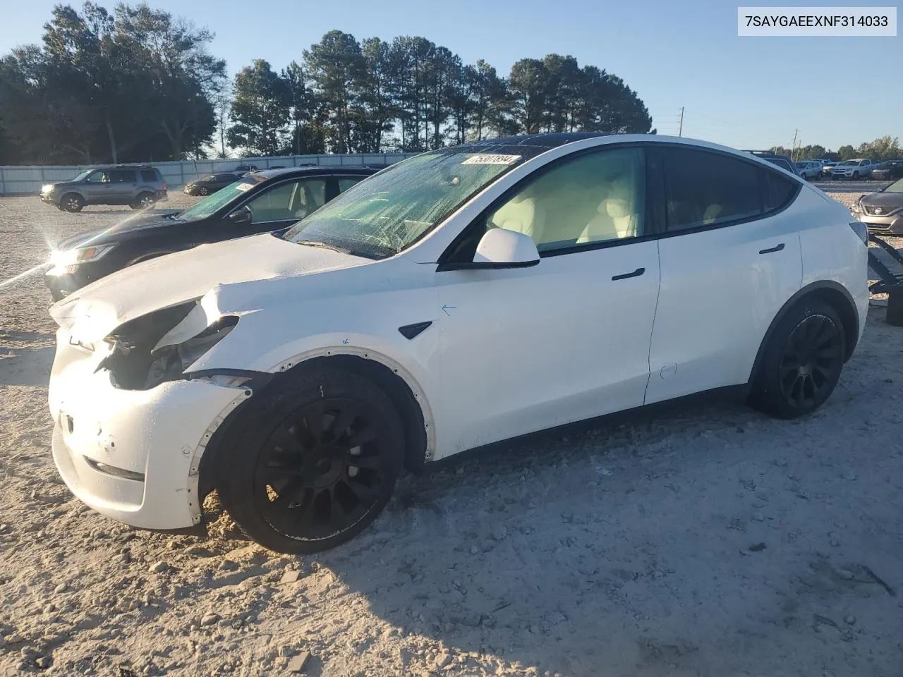 2022 Tesla Model Y VIN: 7SAYGAEEXNF314033 Lot: 75307894