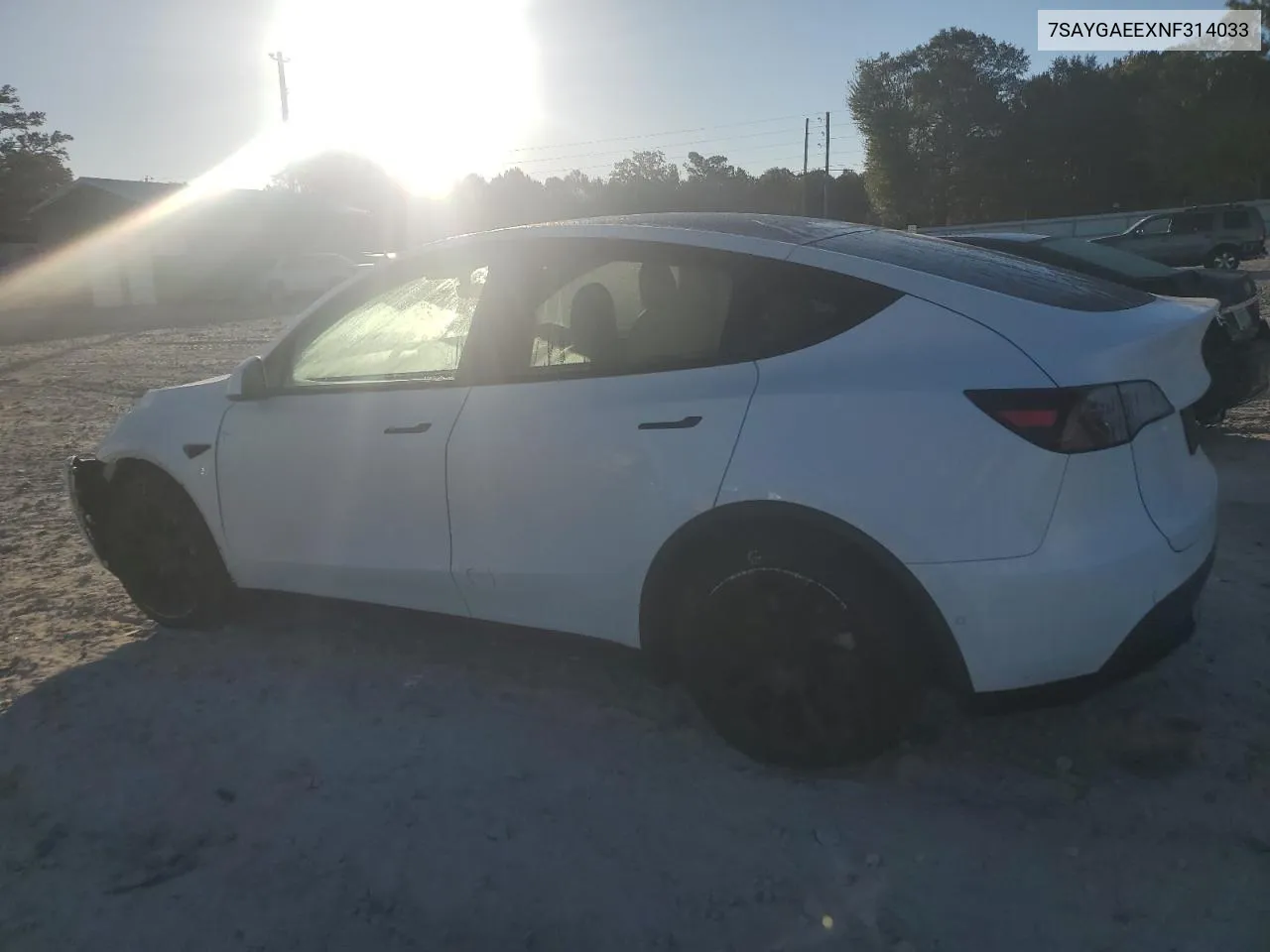 2022 Tesla Model Y VIN: 7SAYGAEEXNF314033 Lot: 75307894