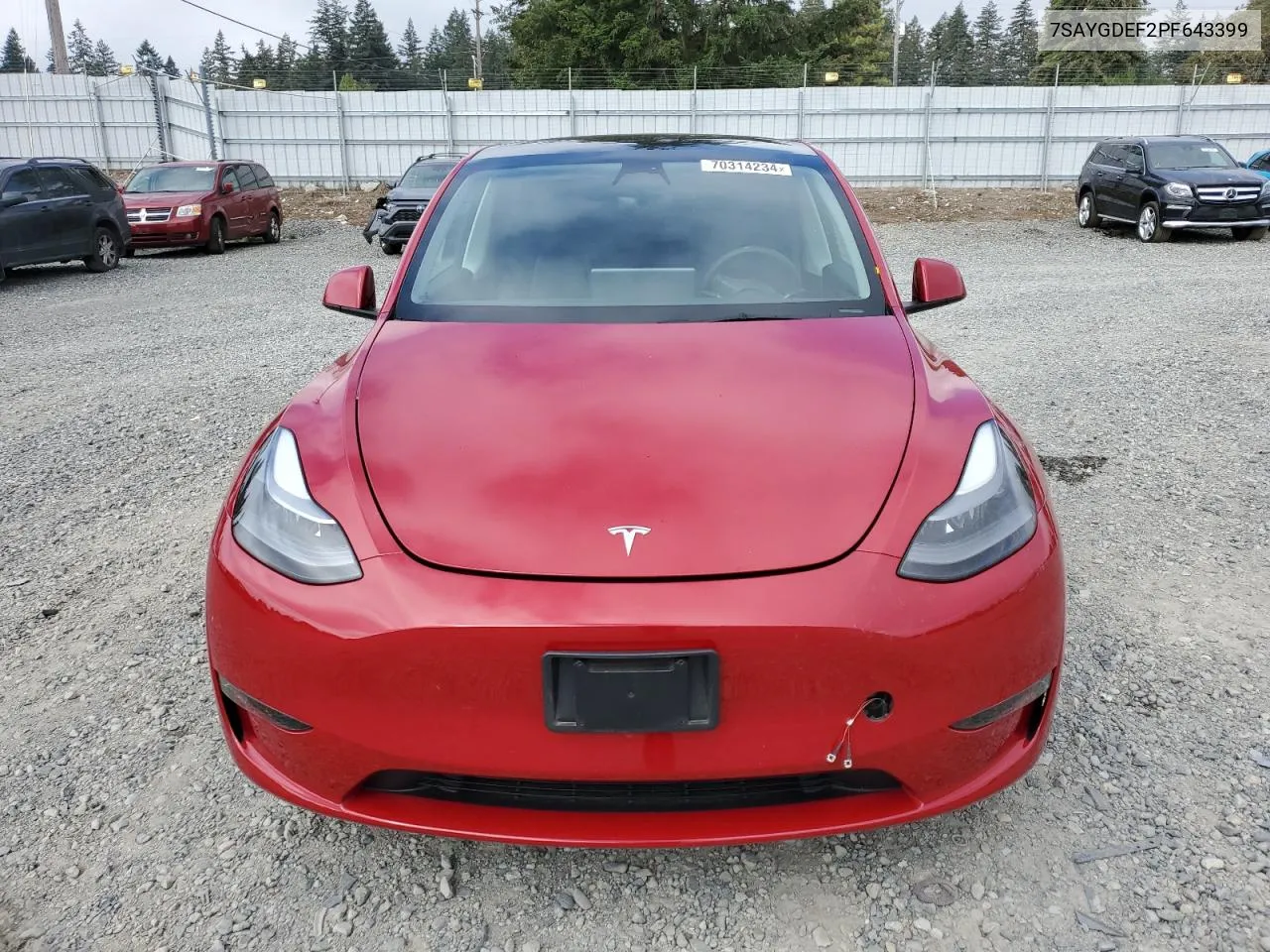 2023 Tesla Model Y VIN: 7SAYGDEF2PF643399 Lot: 70314234