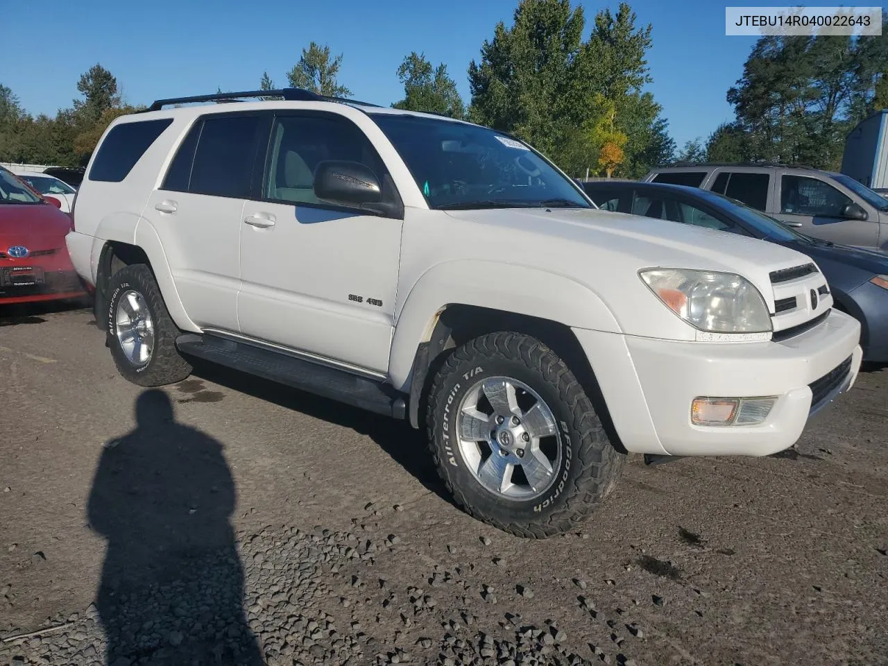 2004 Toyota 4Runner Sr5 VIN: JTEBU14R040022643 Lot: 75052554