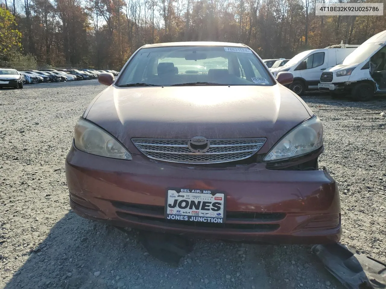 2002 Toyota Camry Le VIN: 4T1BE32K92U025786 Lot: 78831524