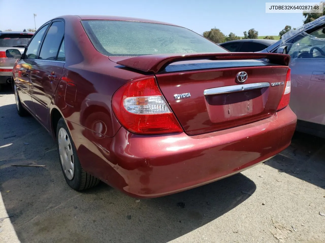 2004 Toyota Camry Le VIN: JTDBE32K640287148 Lot: 51675264