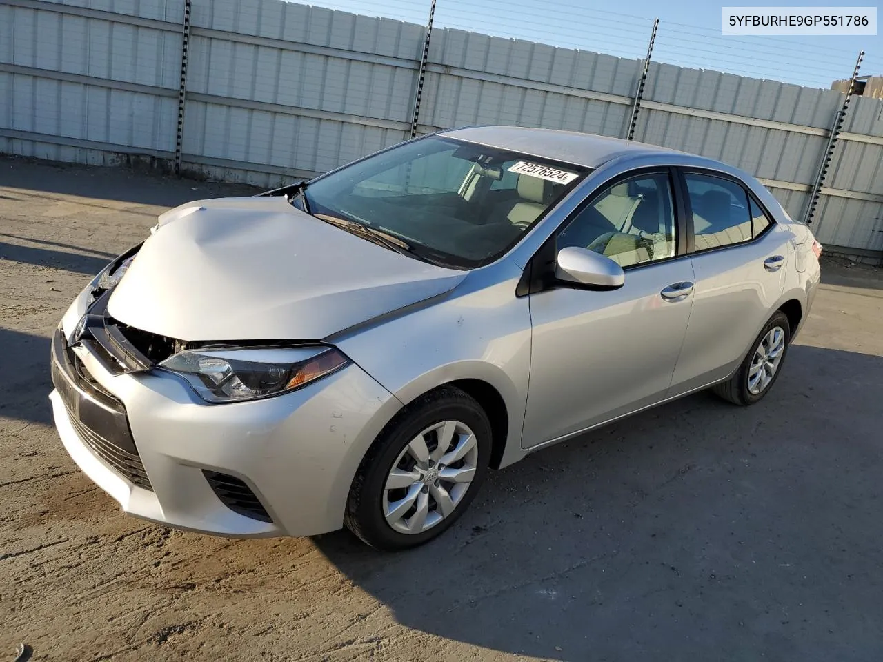 2016 Toyota Corolla L VIN: 5YFBURHE9GP551786 Lot: 72576524