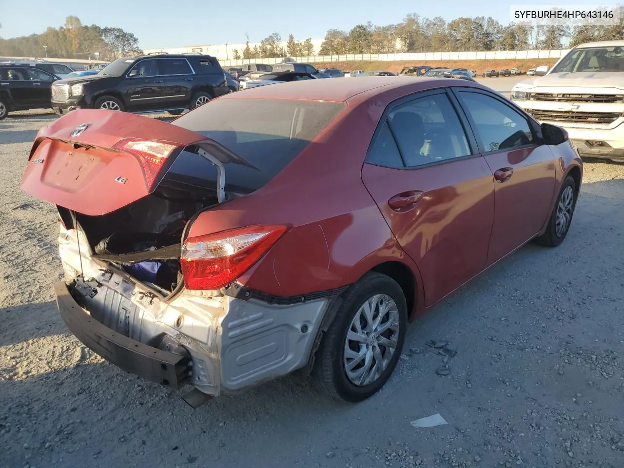 2017 Toyota Corolla L VIN: 5YFBURHE4HP643146 Lot: 77504264