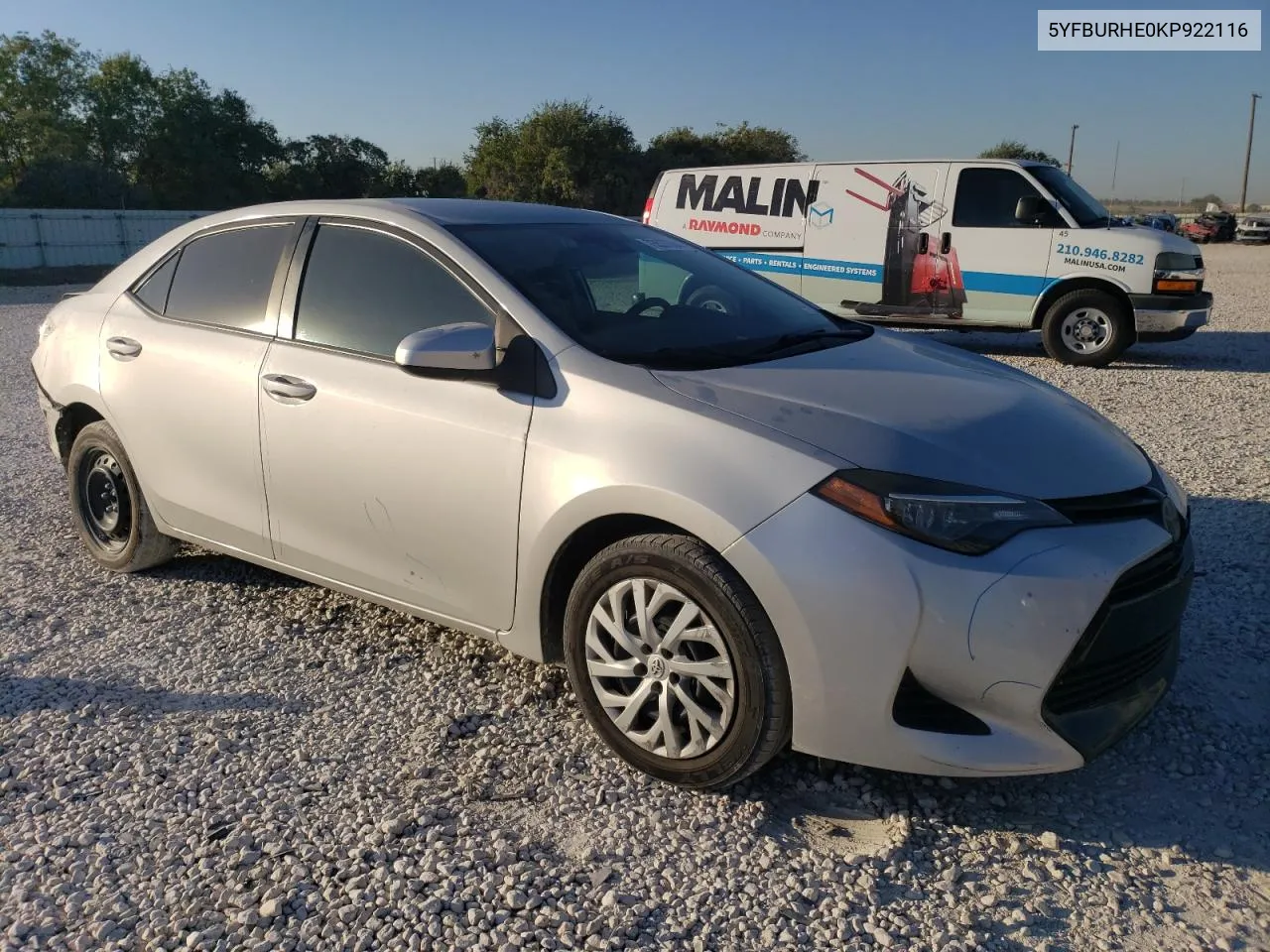 2019 Toyota Corolla L VIN: 5YFBURHE0KP922116 Lot: 73537864