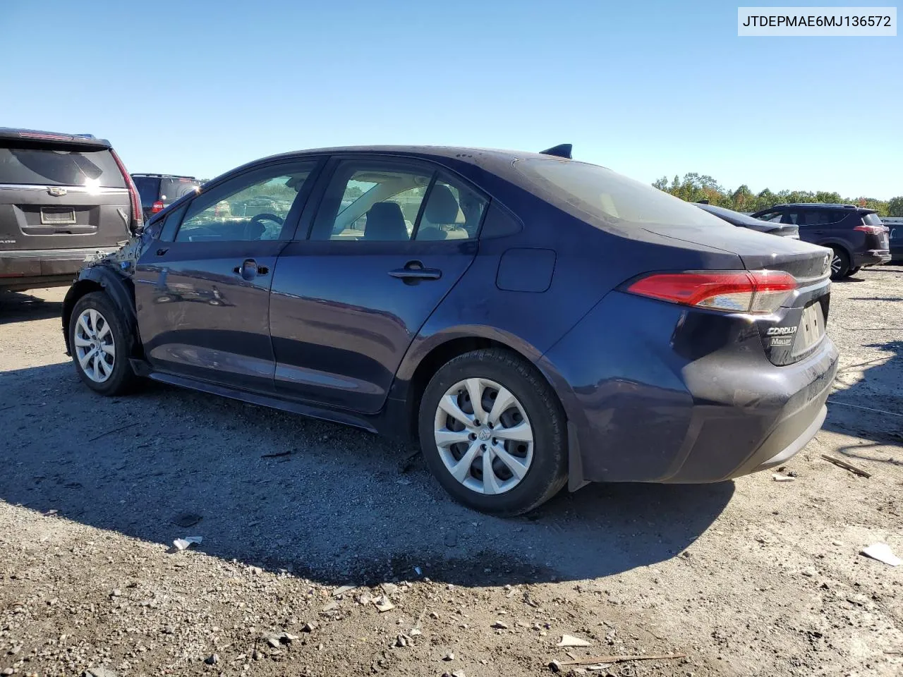 2021 Toyota Corolla Le VIN: JTDEPMAE6MJ136572 Lot: 75060574