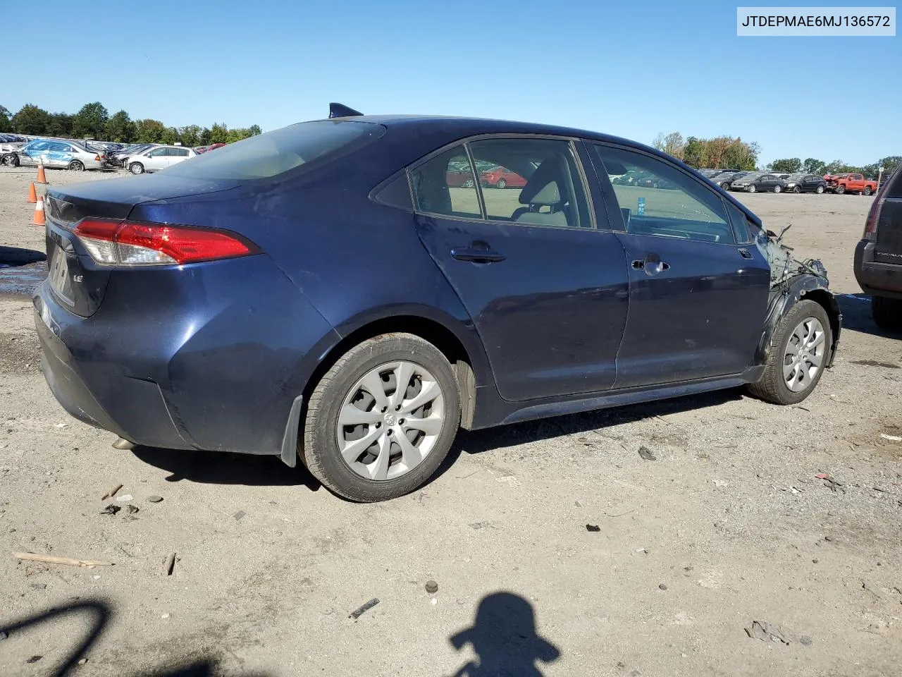 2021 Toyota Corolla Le VIN: JTDEPMAE6MJ136572 Lot: 75060574